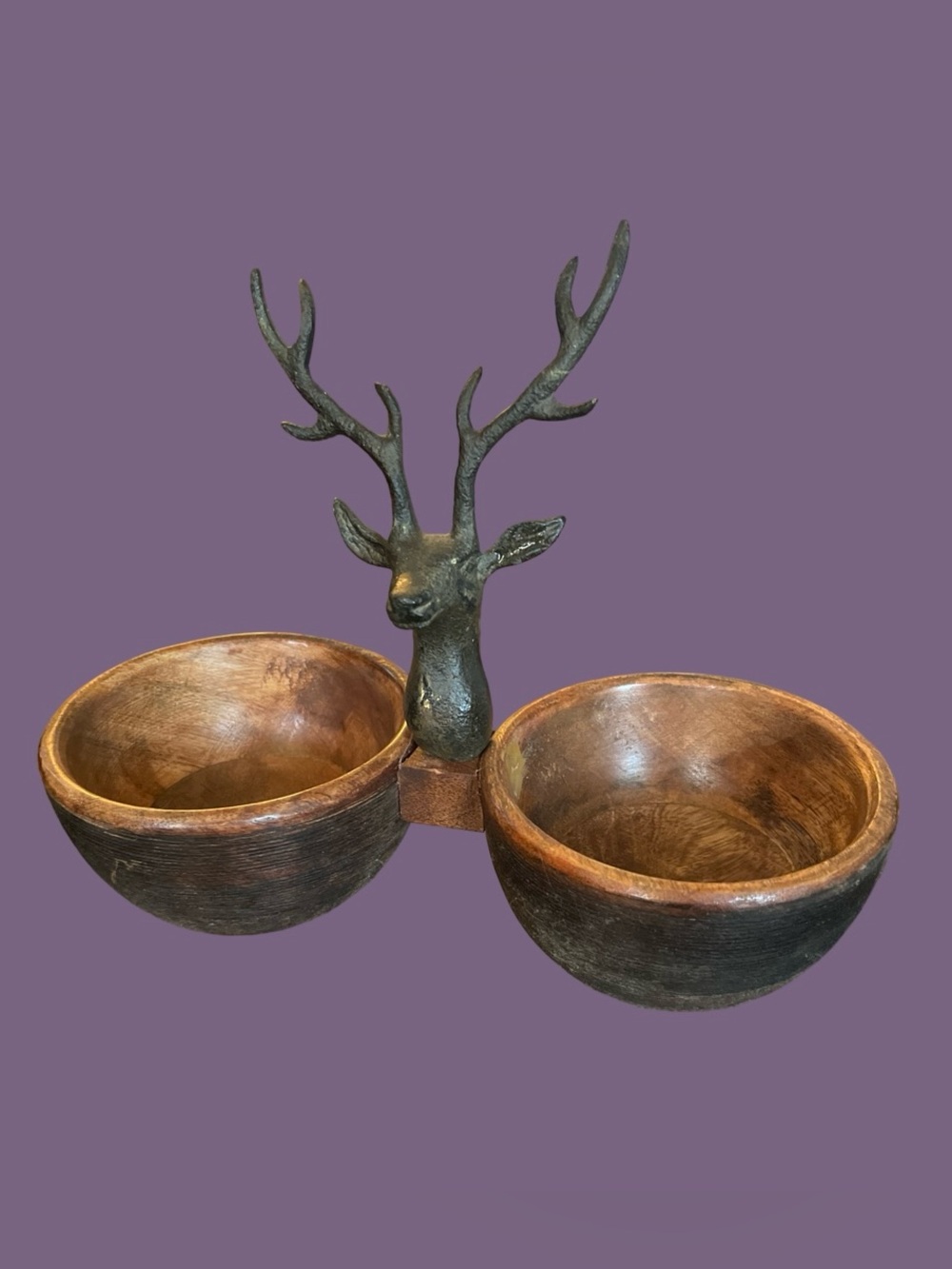 Mudpie Wood Double Dip Bowl Metal Stag Deer Head Antlers